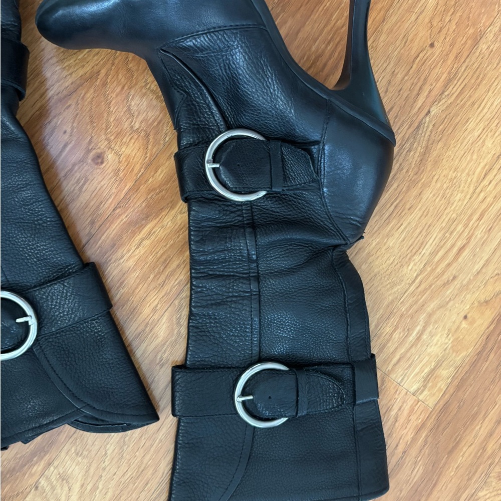 Black Leather Heeled Boots with Buckle Detail